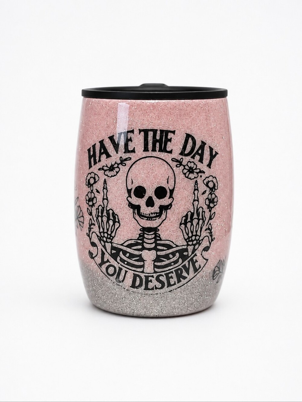 Handmade 14oz Pink Glitter Tumbler Skeleton Goth Floral Coffee Cup With Handle